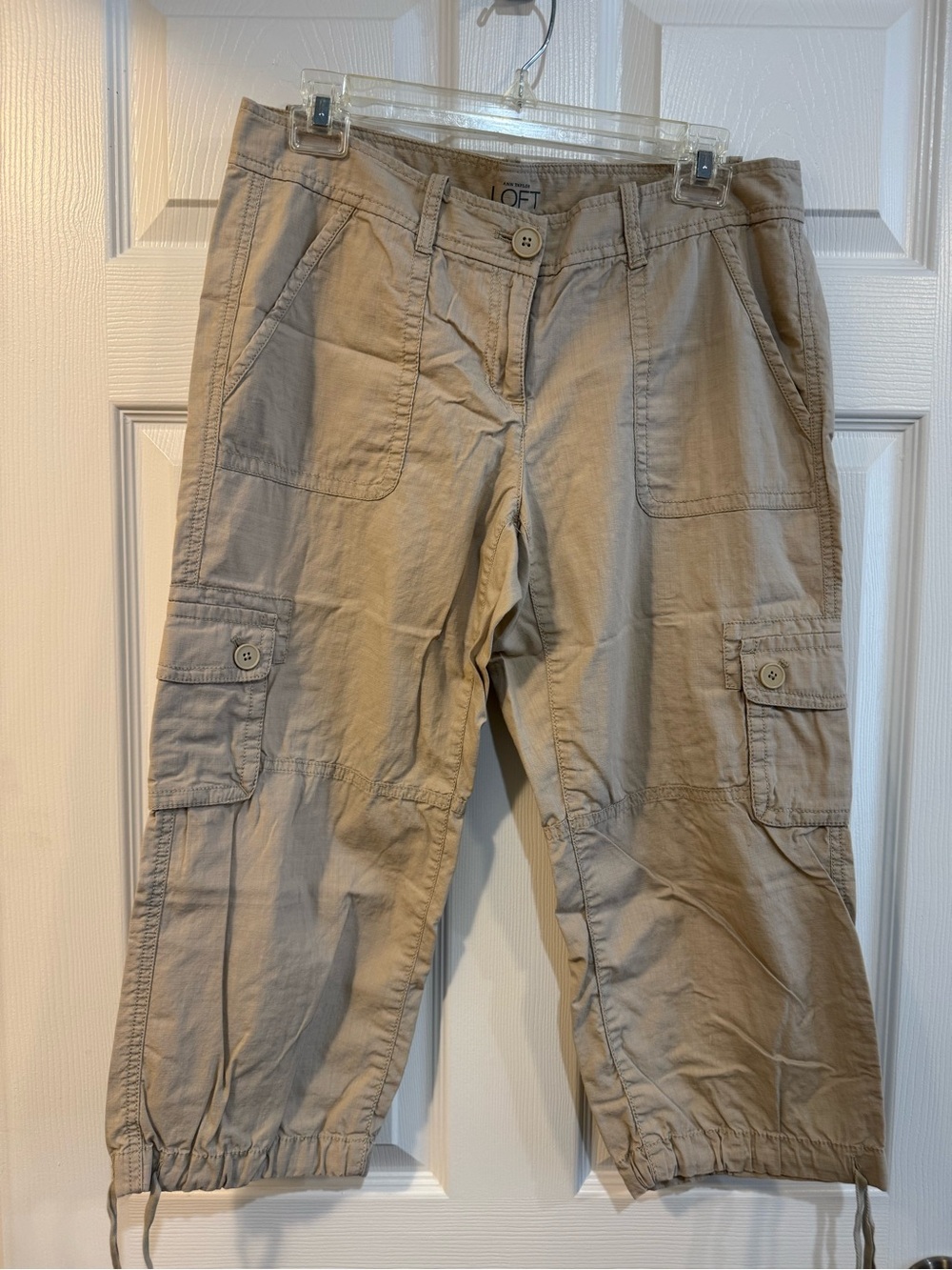 LOFT Khaki Cargo Capris with Drawcord Hem
